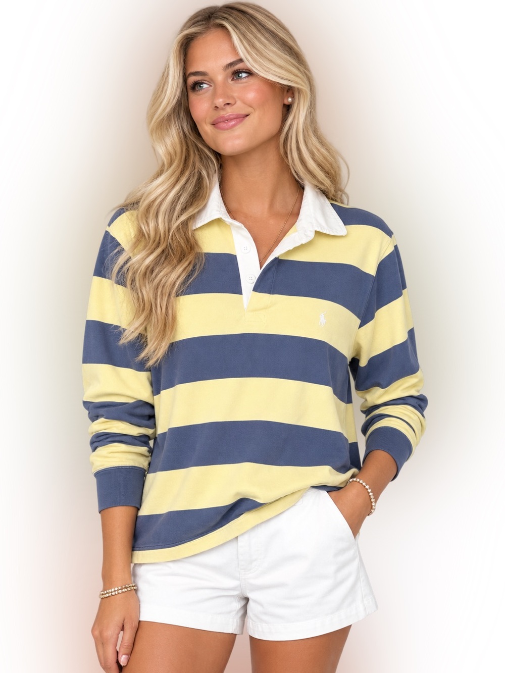 Vintage 90s Ralph Lauren Cropped Rugby Shirt large Blue Yellow Striped Cotton